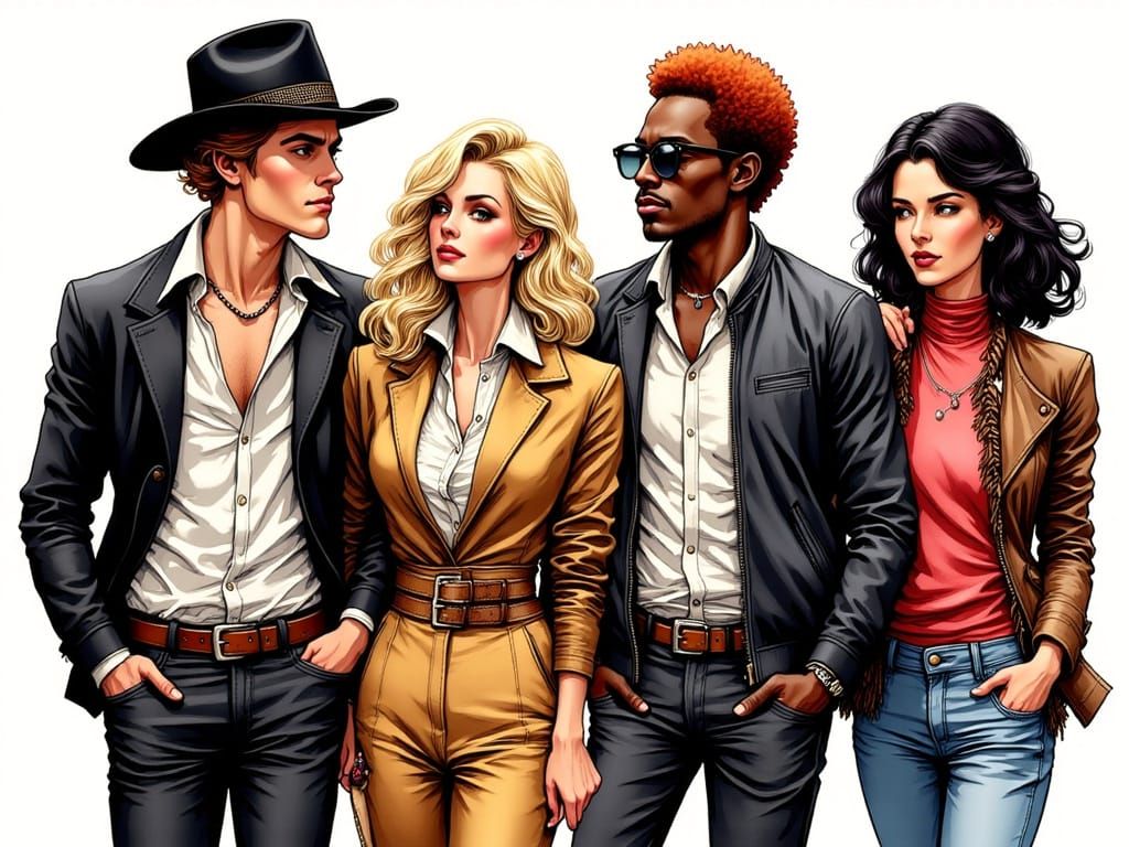 Eclectic Group in 1970s Paris, Ink Illustration