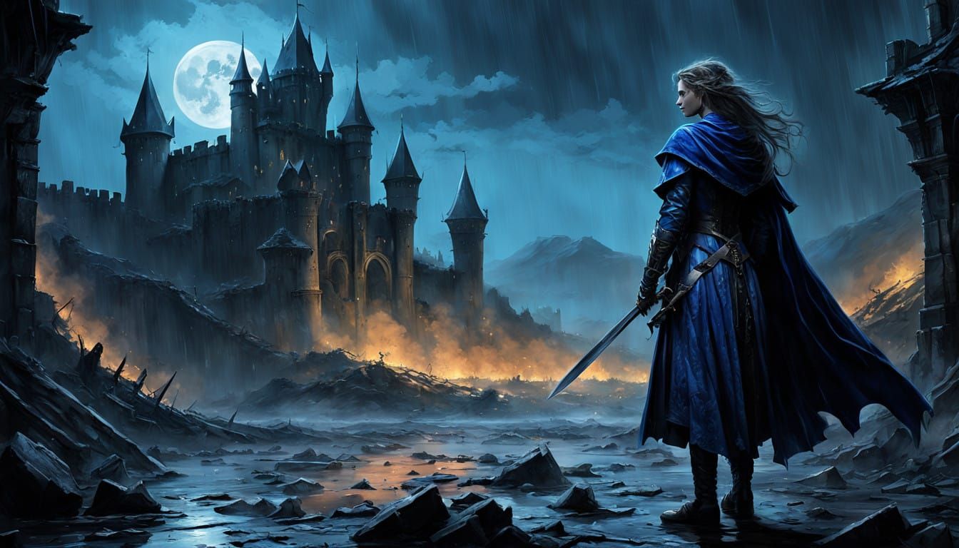 Warrior Princess Battles in Medieval Castle Ruins Under Stor...