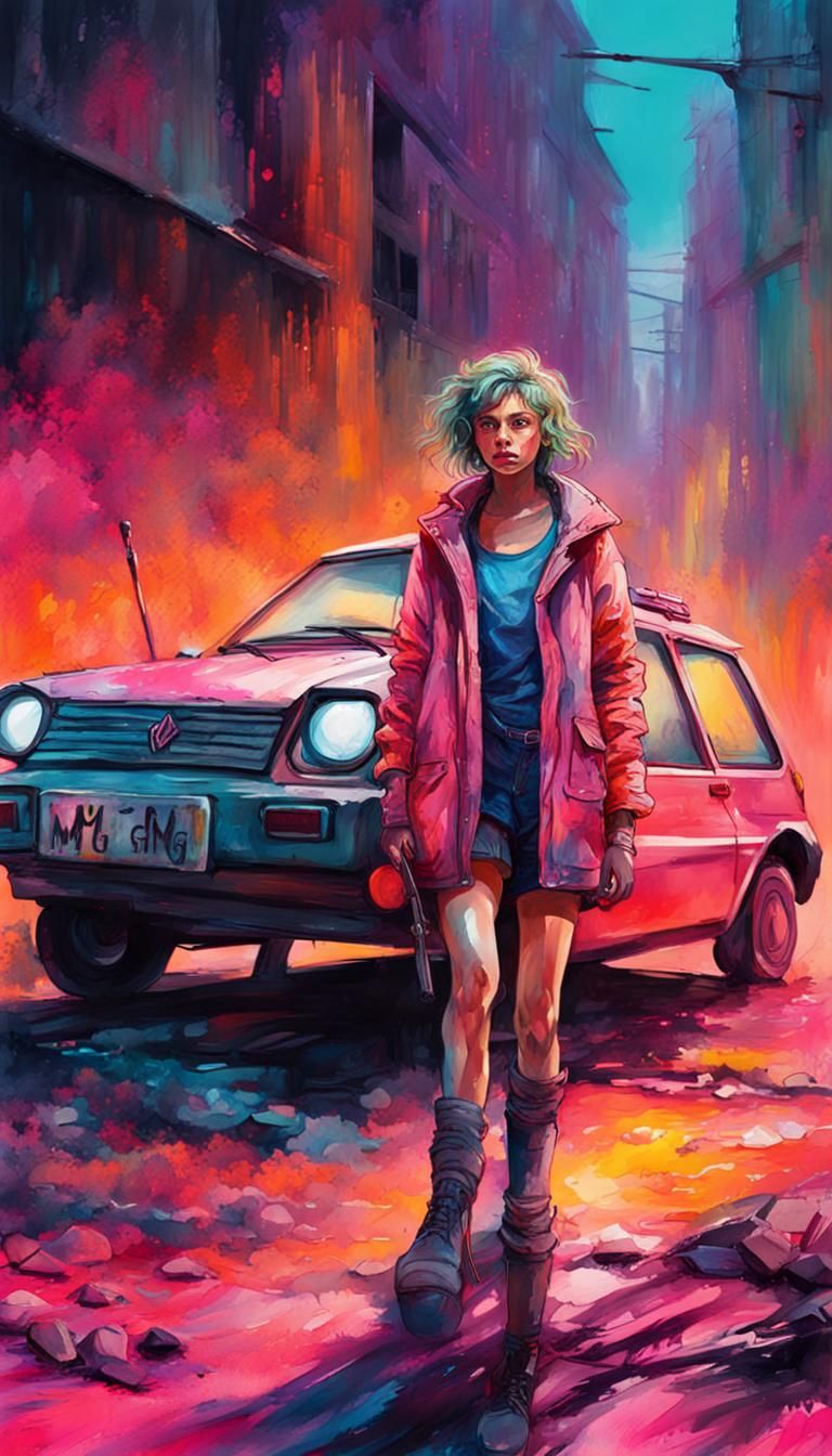 Post-Apocalyptic Girl with MG Metro in Gouache Style