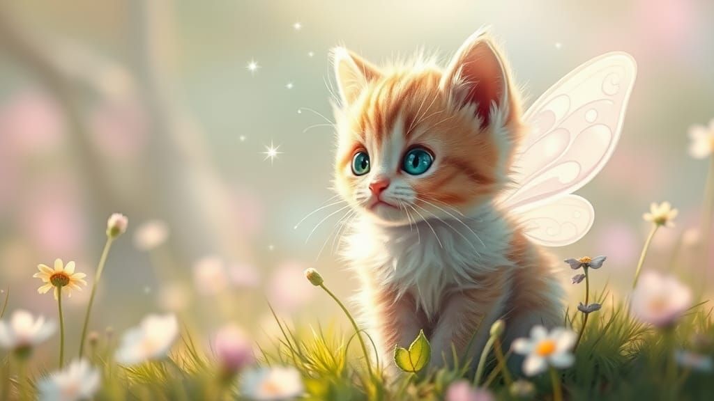 Cute Fairy Kitten on Flowery Meadow