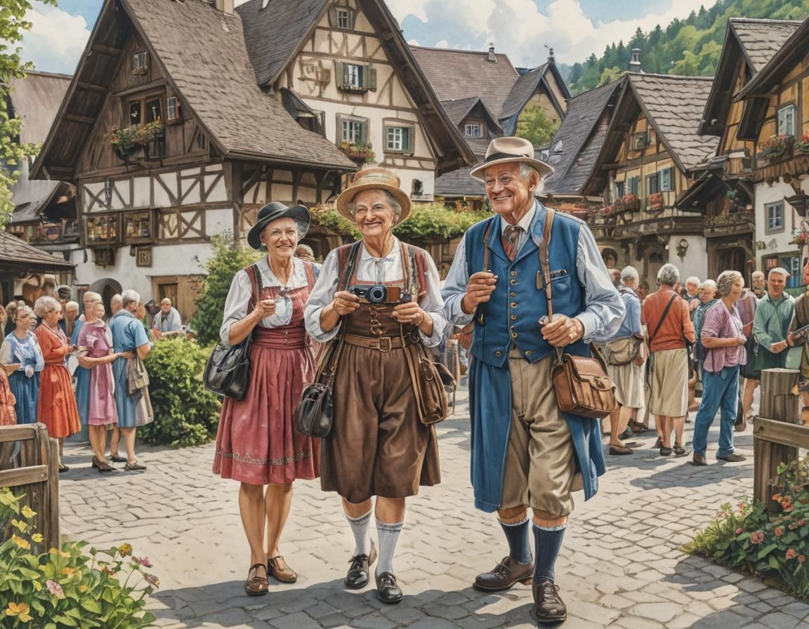 Bavarian Couple Greets Tourists: Fairytale Illustration