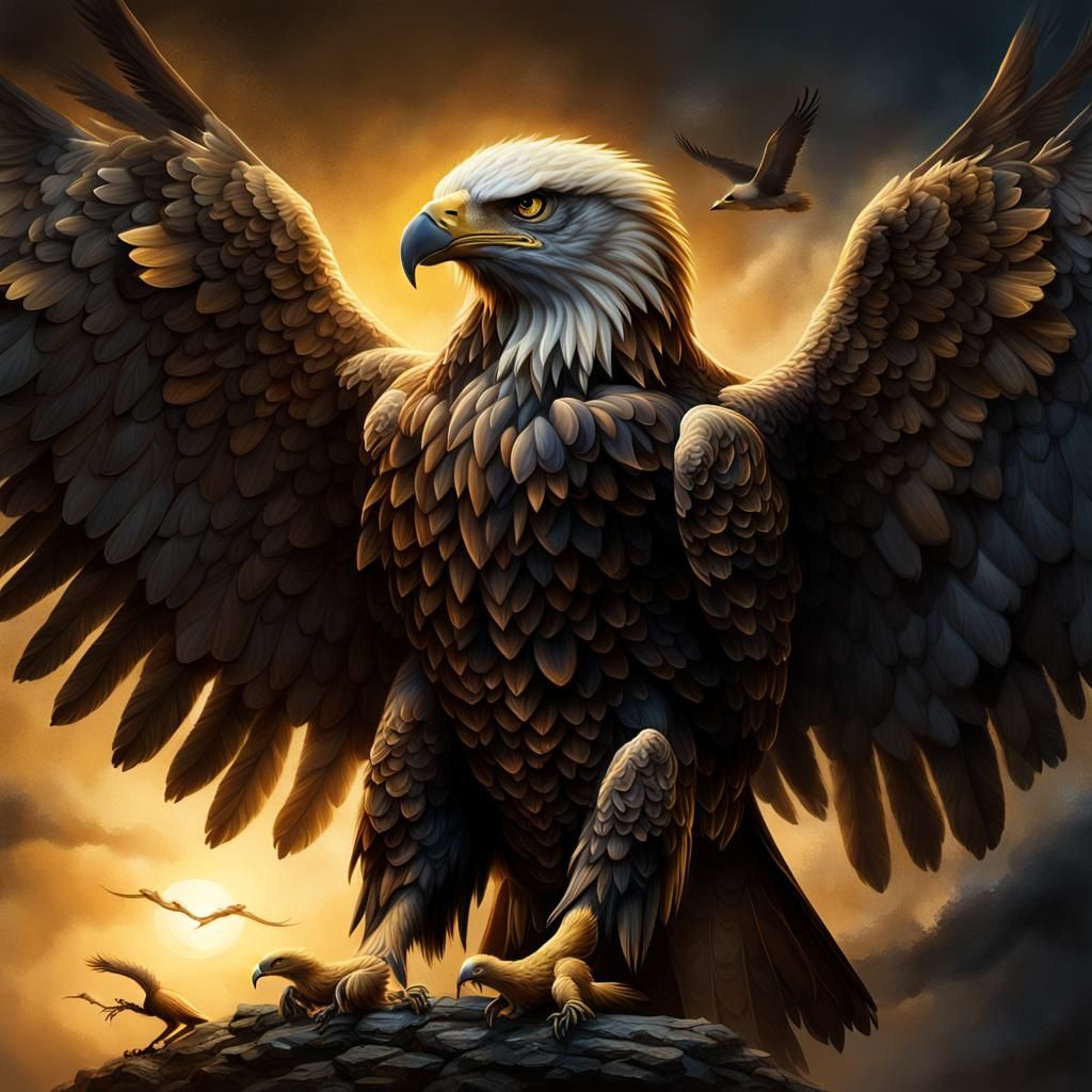 Three-Headed Eagle with Wings, Renaissance Oil Painting