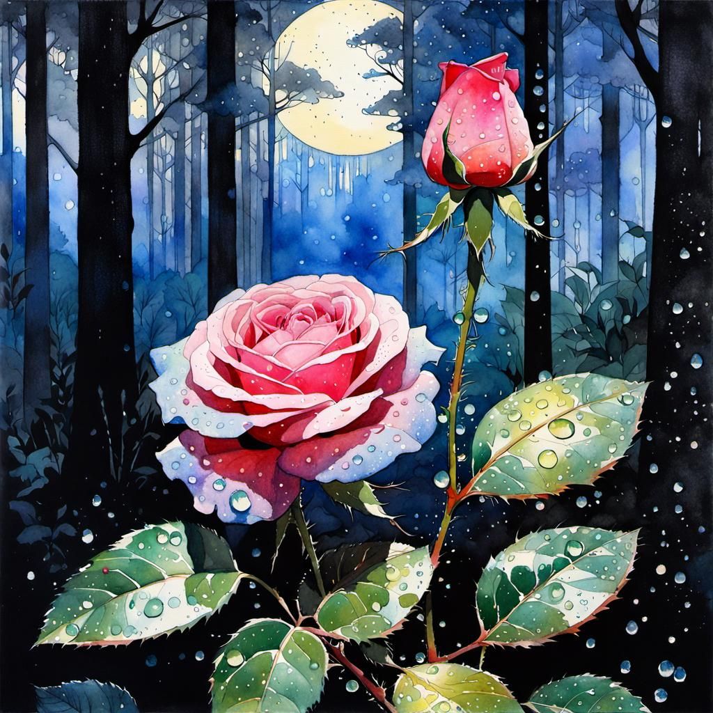 Midnight Rose in Forest: Watercolor and Ink