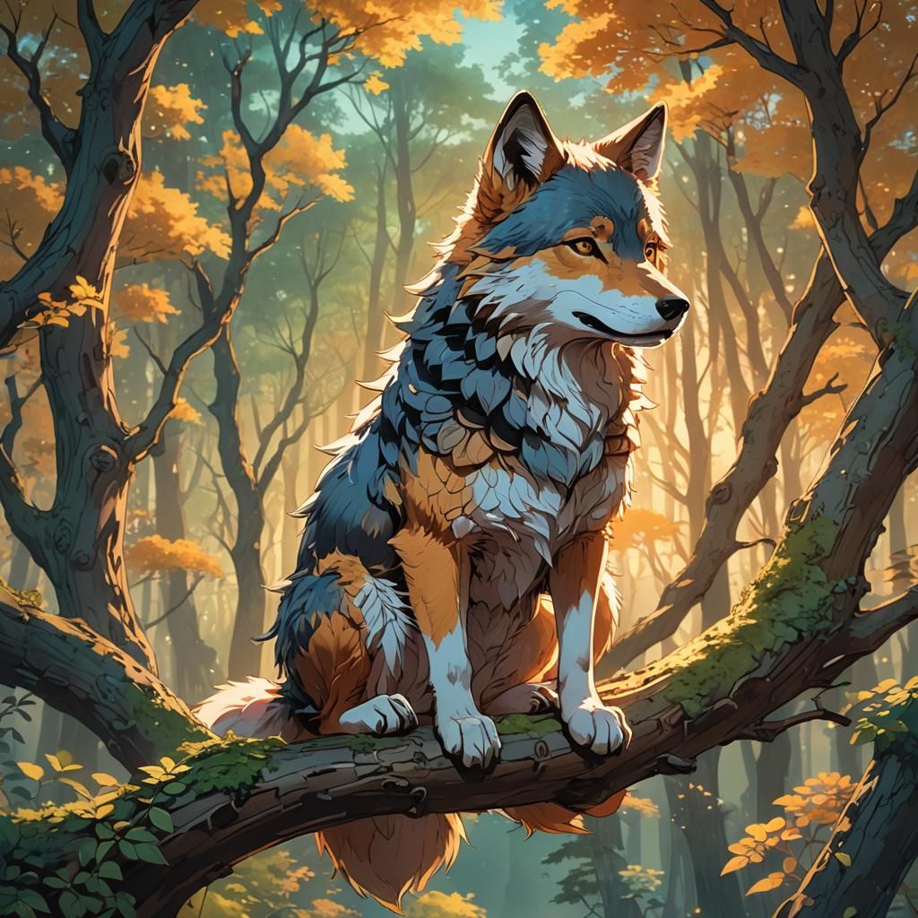 Anime Wolf Cub in Forest, Vibrant Digital Art