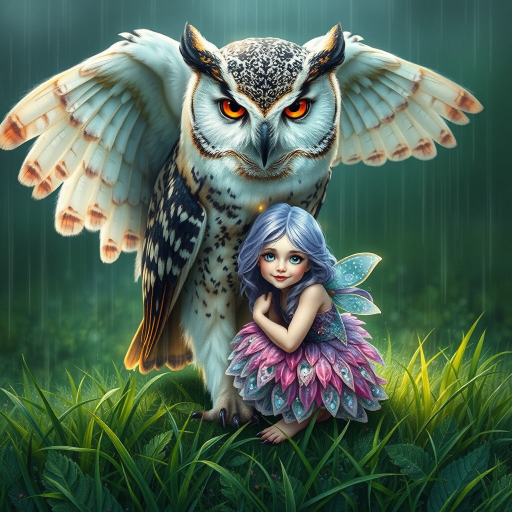 Owl Sheltering Fairy Girl: Hyperrealistic Digital Art