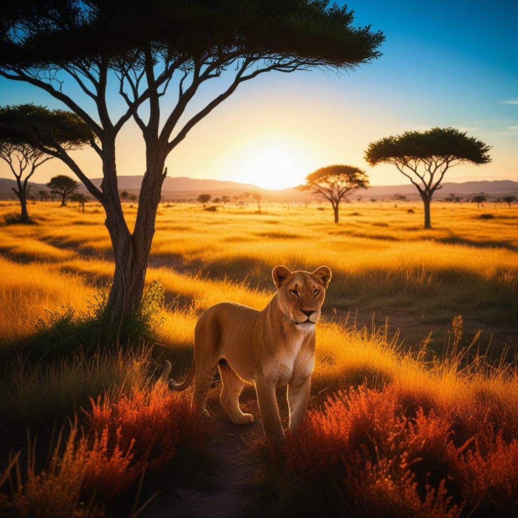 Majestic Lioness in Vibrant Savannah Landscape