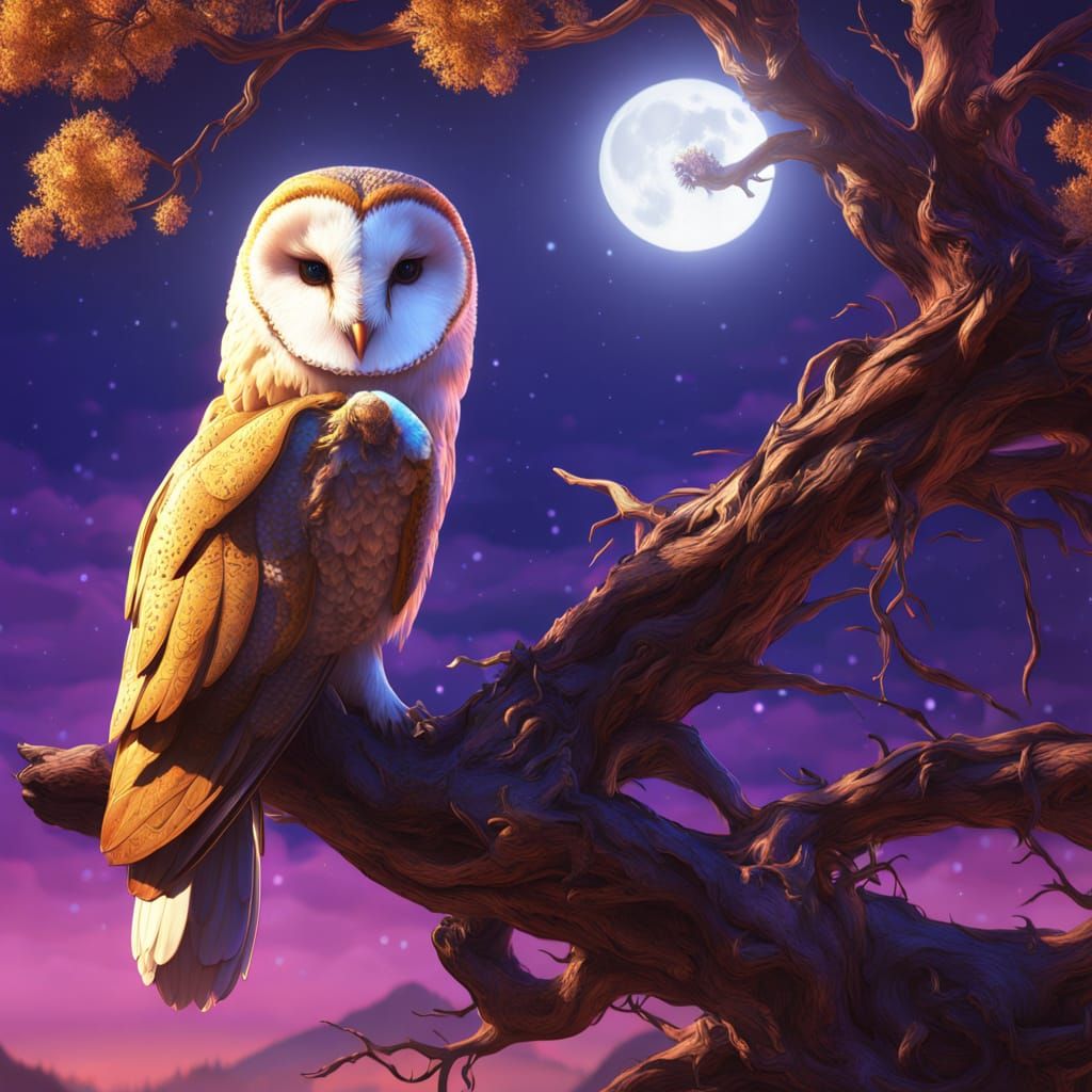 Surreal Fantasy Scene with Owl in Full Moon