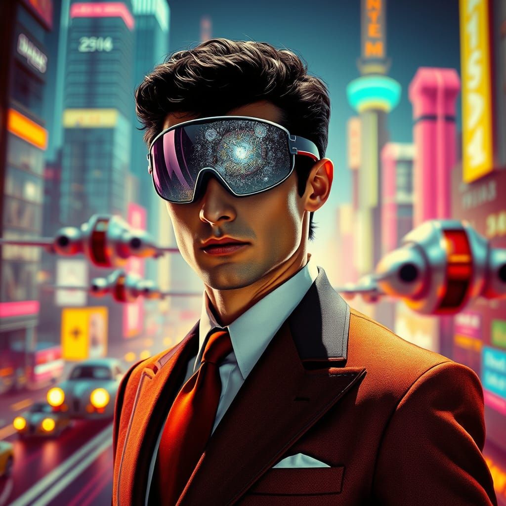 Retro-Futuristic Man with Translucent Visor in Cityscape