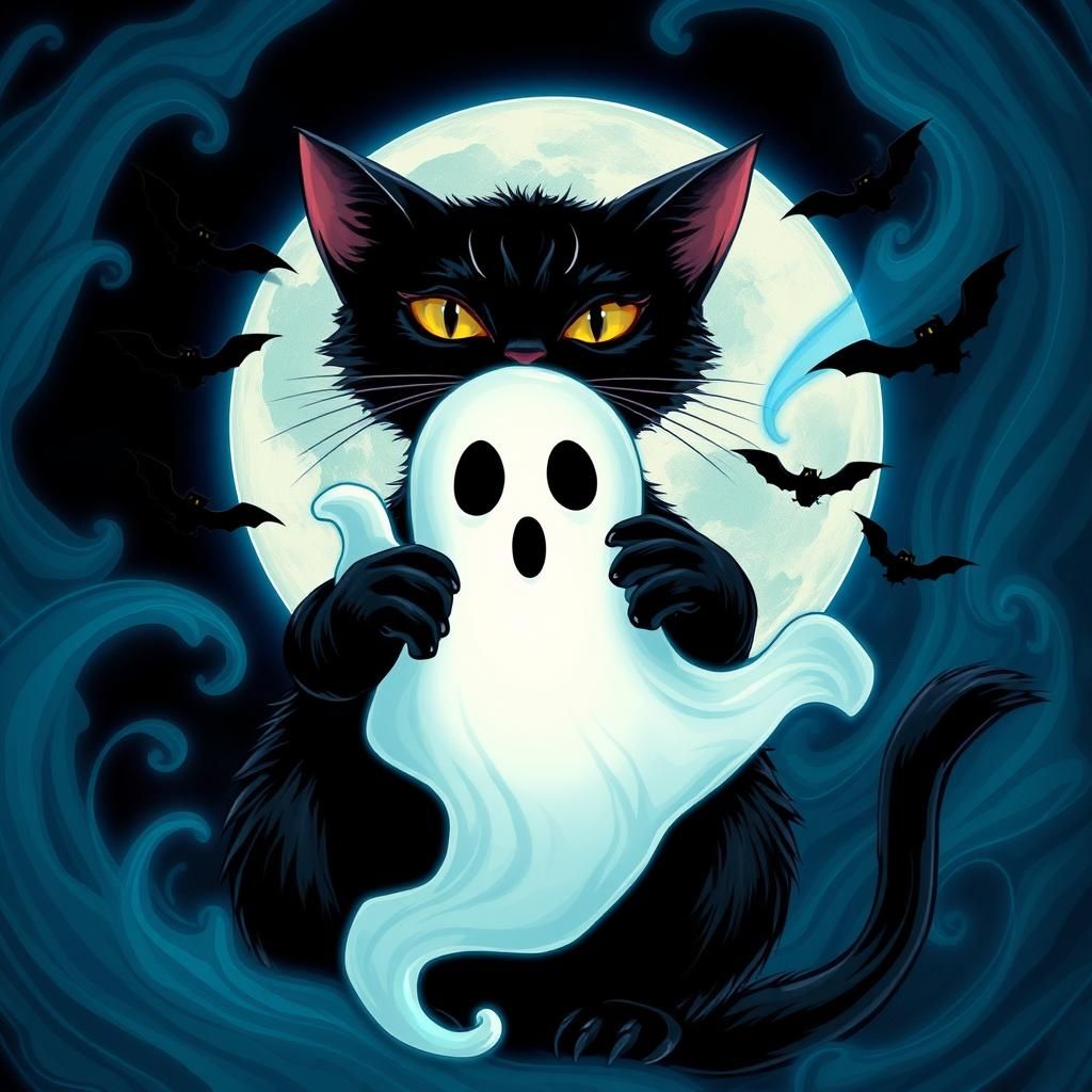 <lora:Bethany Klor:1.0> a black cat holding a ghost ,neon bl...