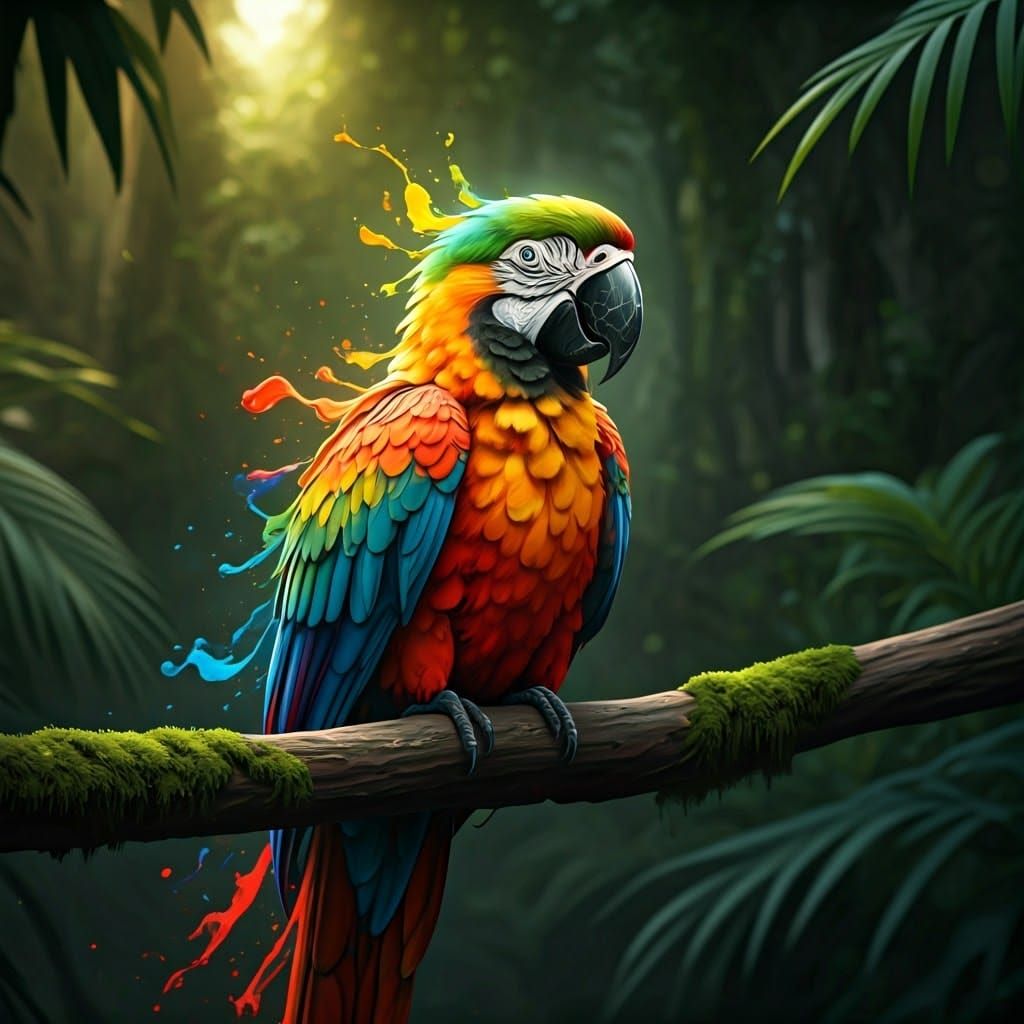 Colorful Parrot in Tropical Forest: Detailed Matte Painting