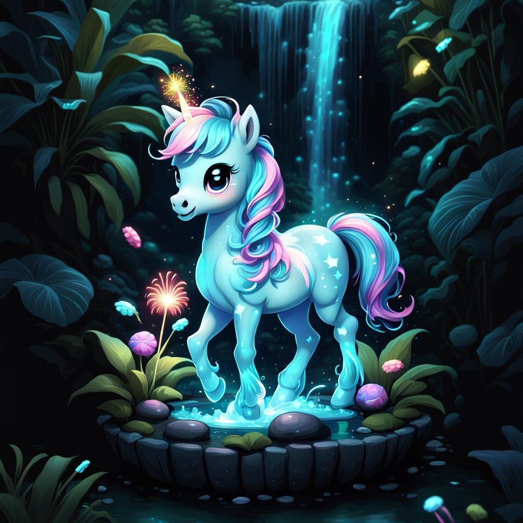 Bioluminescent Chibi Pony with Waterfall in Candy Art