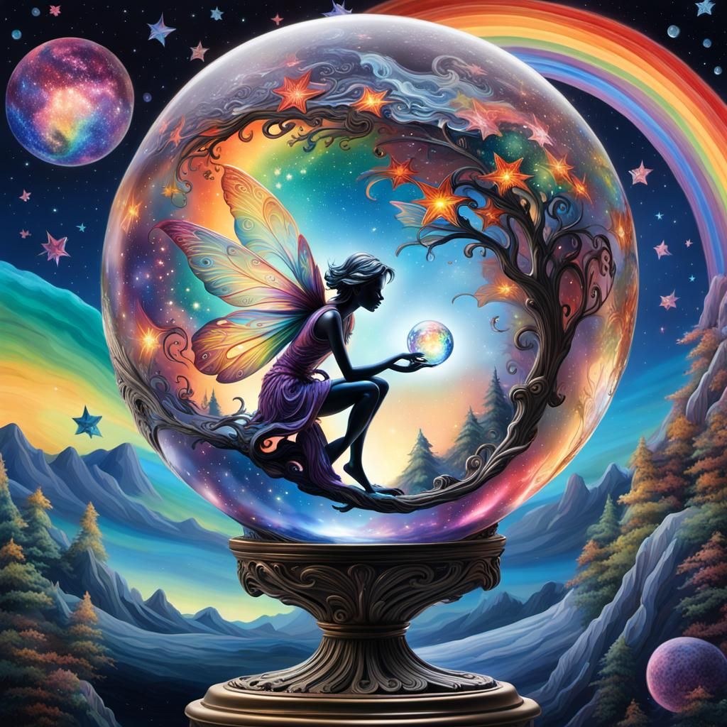 Enameled Fairy in Crystal Globe: Surreal Digital Art