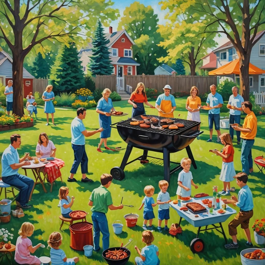 Joyful Backyard Barbecue as Oil Painting