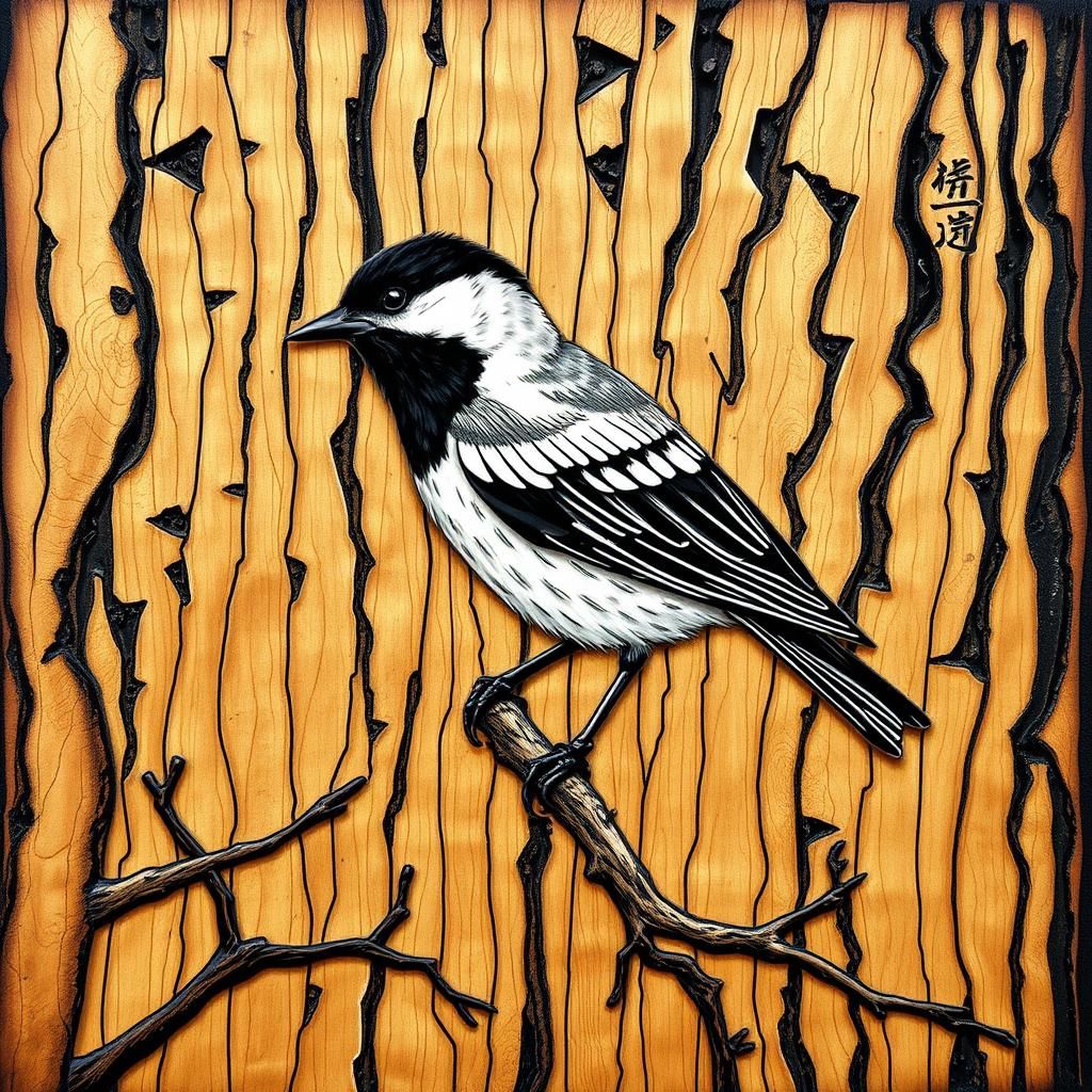Magpie Mosaic: 3D Burned Wood Ink Drawing