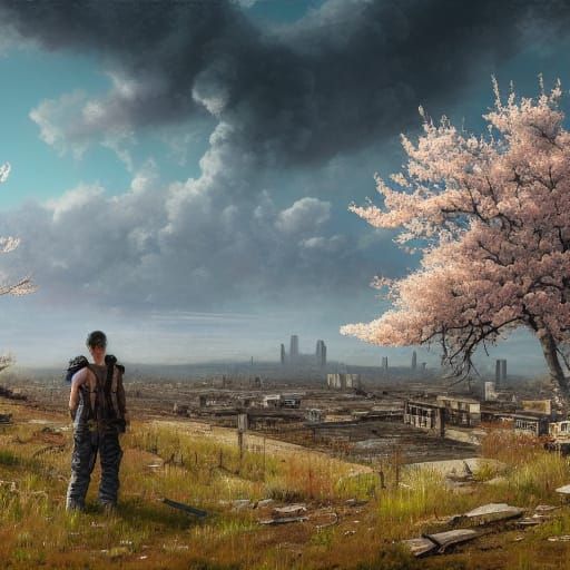 Post-Apocalyptic Vista with Blossoming Cherry Tree