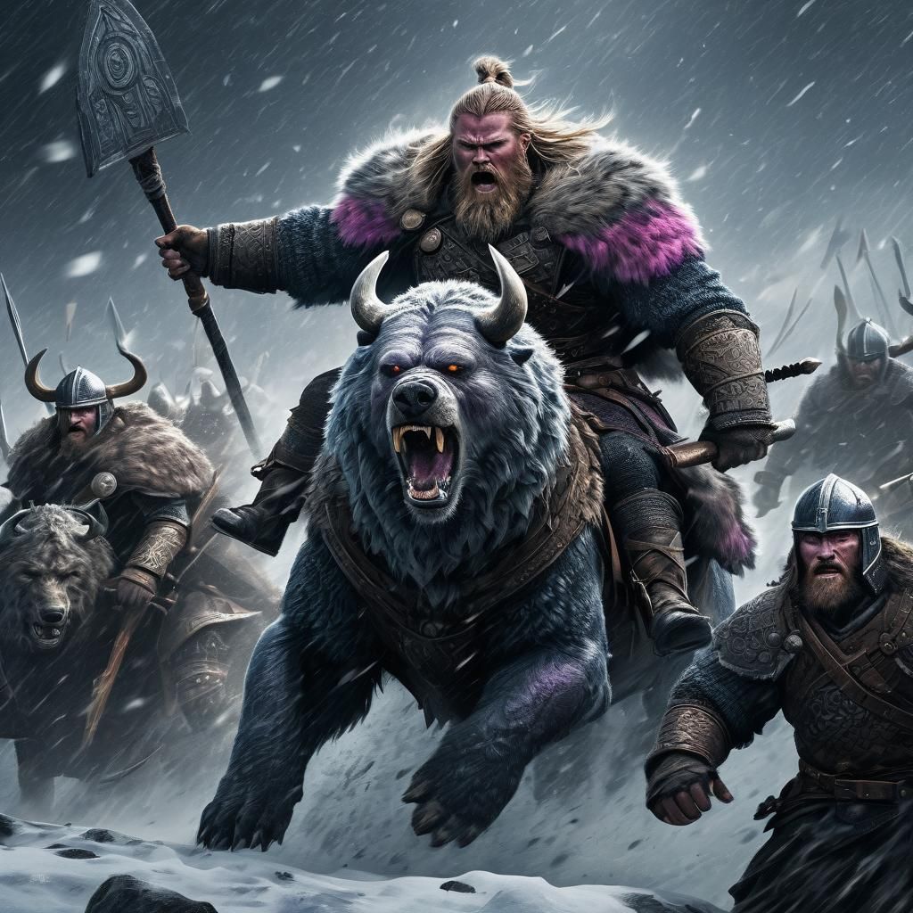 Fierce Vikings on Bears in Snowstorm: Dark Fantasy Art