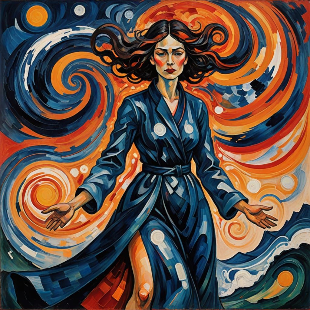 Turbulent Emotive Figure in Midnight Blues and Fiery Oranges