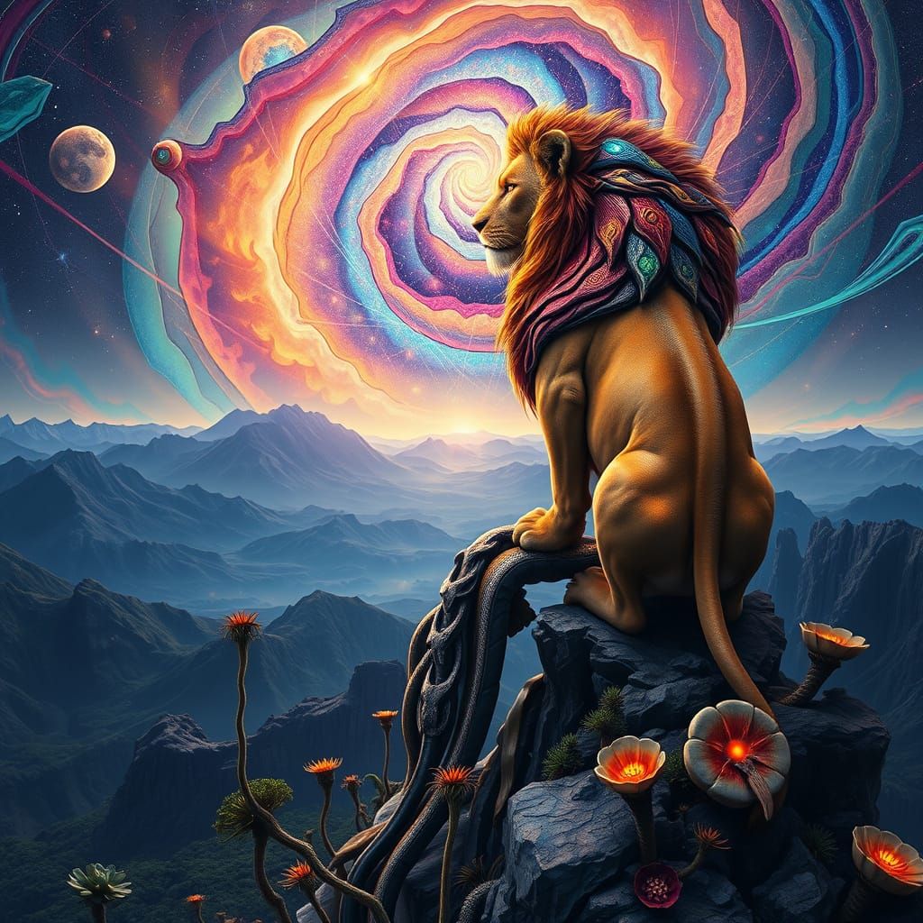 Surreal Lion in Galaxy Mane Stands on Mountain Peak, Gazing ...