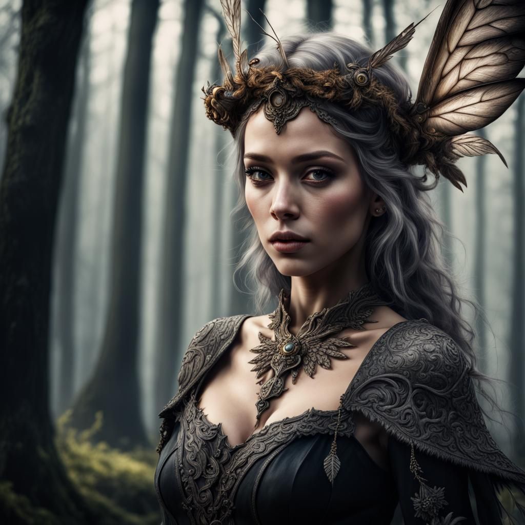 Crowned Witch Elf with Wings in Hyperrealistic Style