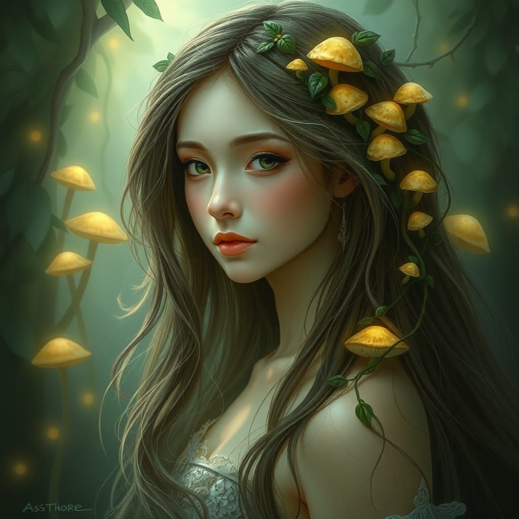 Mystical Forest Spirit with Glowing Mushrooms