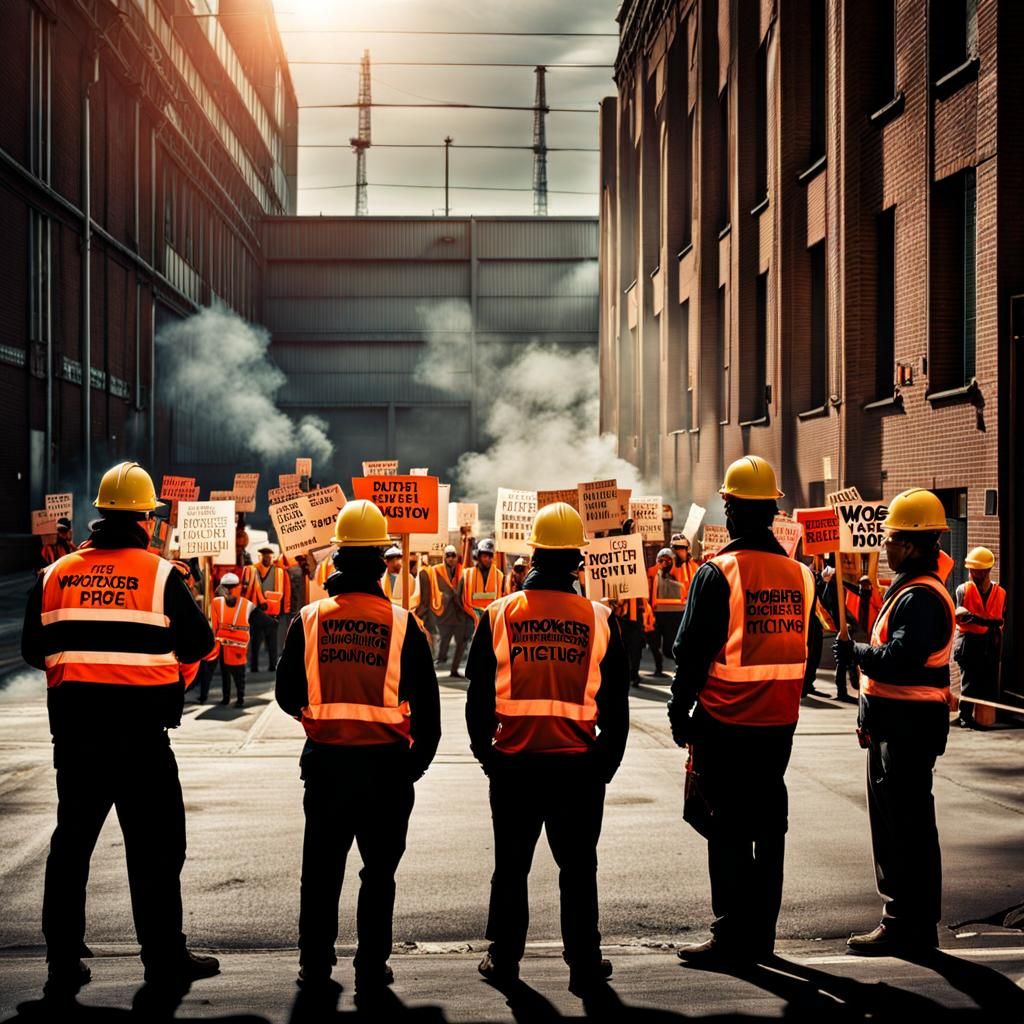 Factory Workers Picketing with Signs: Dramatic Photograph