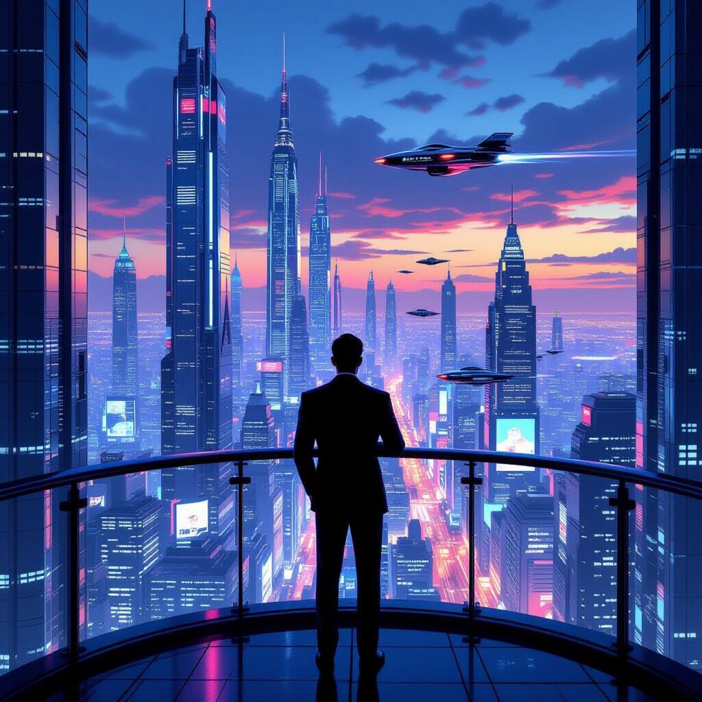 Retro-Futuristic Executive Overlooks Neon Cityscape