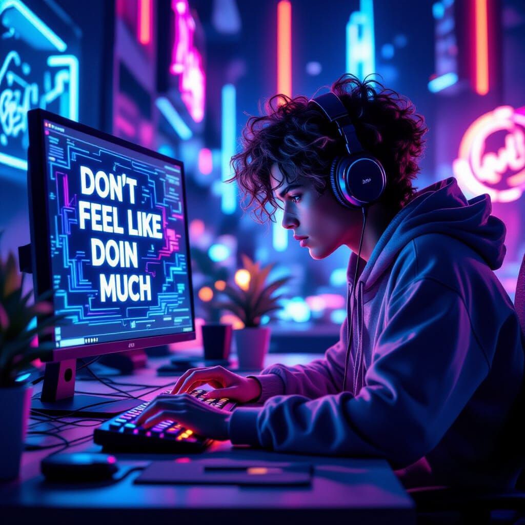 Gamer Focused in Neon Light, Digital Art Style