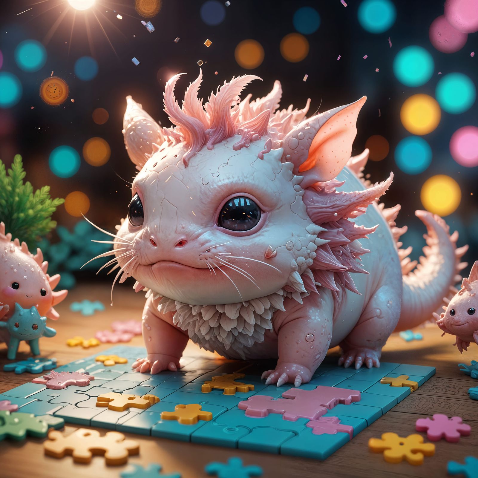 Chibi Fluffy Axolotl Crafts a Puzzle in Anime Style