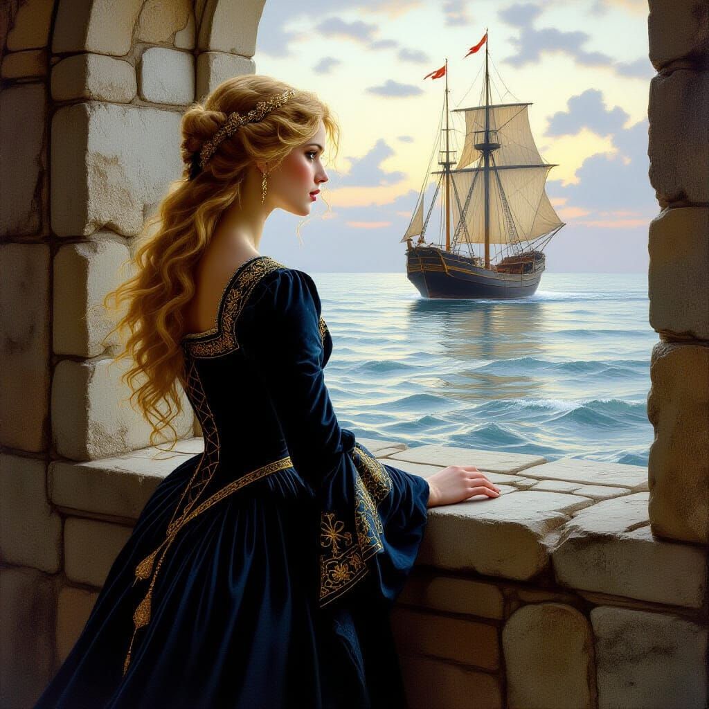 Medieval Woman Gazing at Departing Ship in Romantic Style