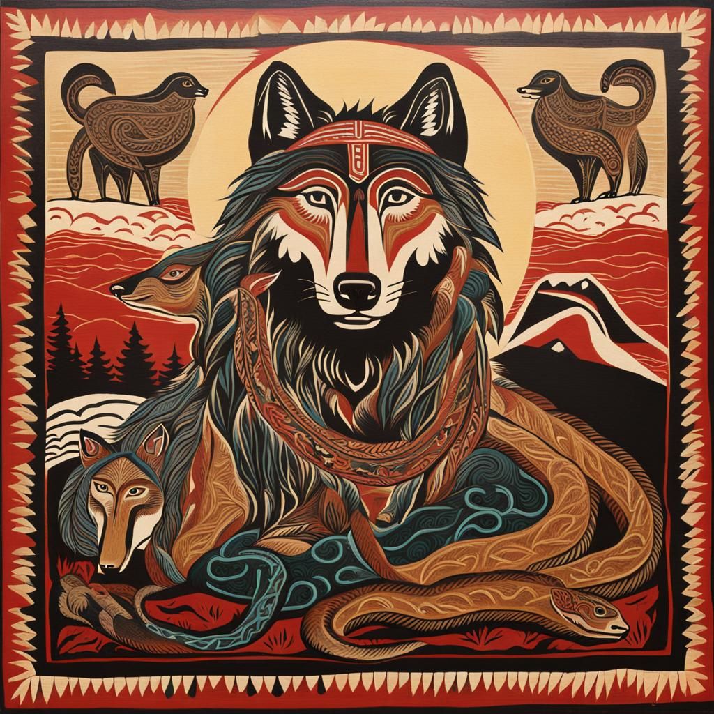 Native American Wolf in Folk Art Style