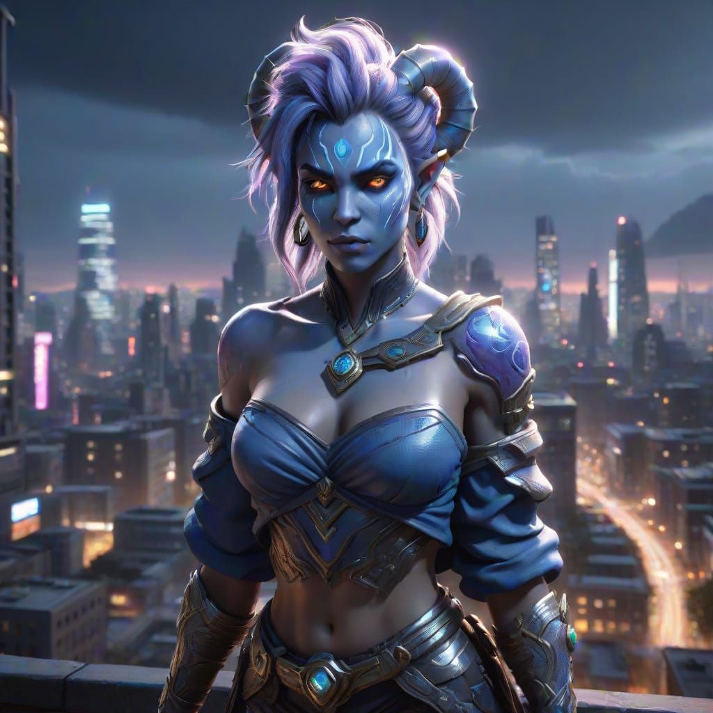 Gorgeous Draenei Girl Overlooks Futuristic Cityscape in Intr...