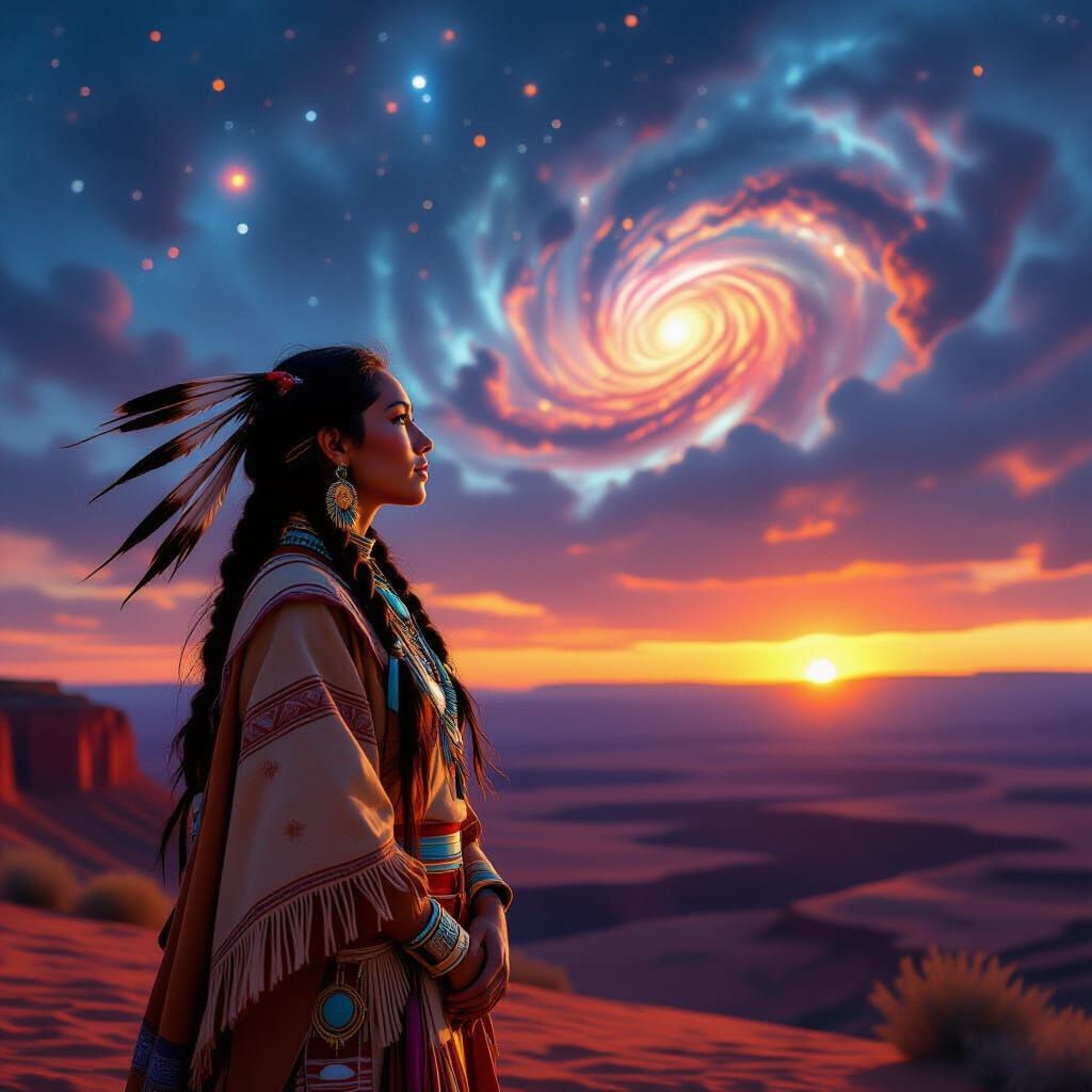 Native American Woman Gazing at Cosmic Sky