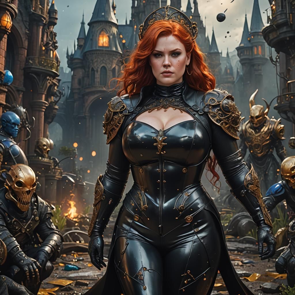 Plus-Size Redhead in Black Latex: Detailed Matte Painting