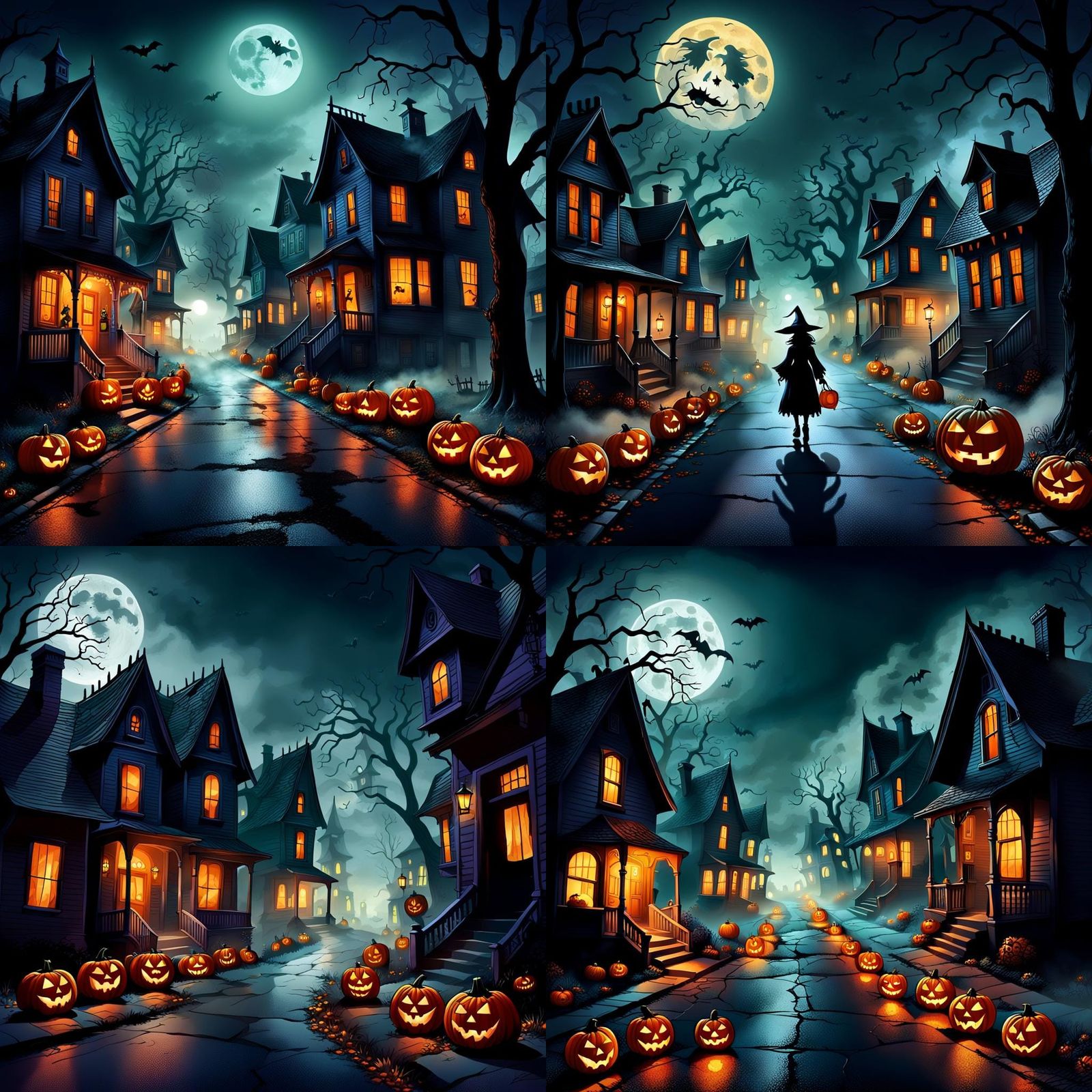 Spooky Halloween Night in Small Town: 3D Digital Art