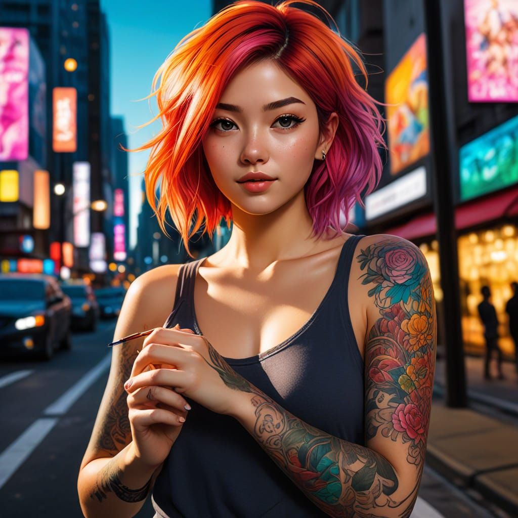 Woman Painting Vibrant Manga Art on City Streets