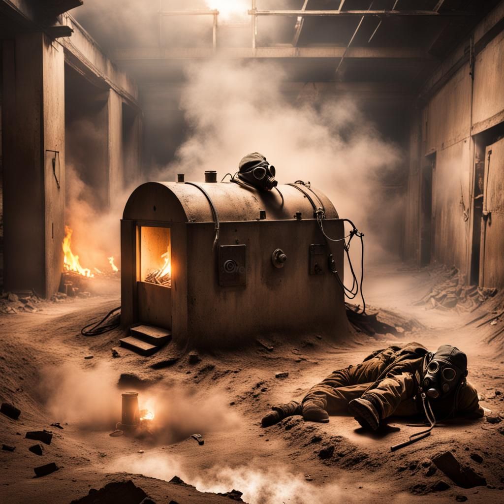 Eerie Bunker Scene with Body and Fire