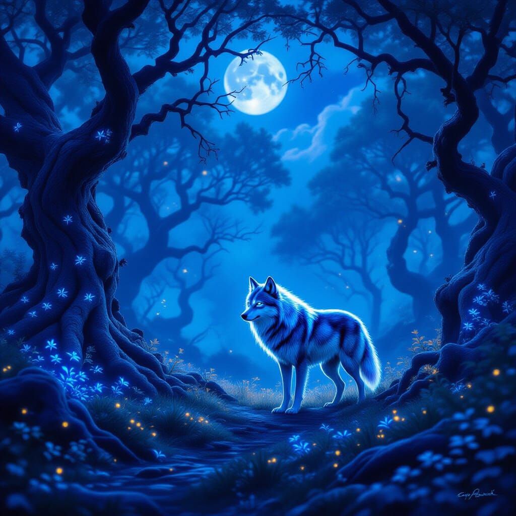 Ethereal Wolf in Moonlit Mystical Forest