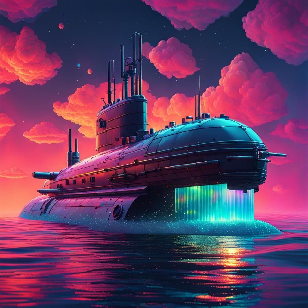 Holographic Submarine in 8-bit Pixelscape Style