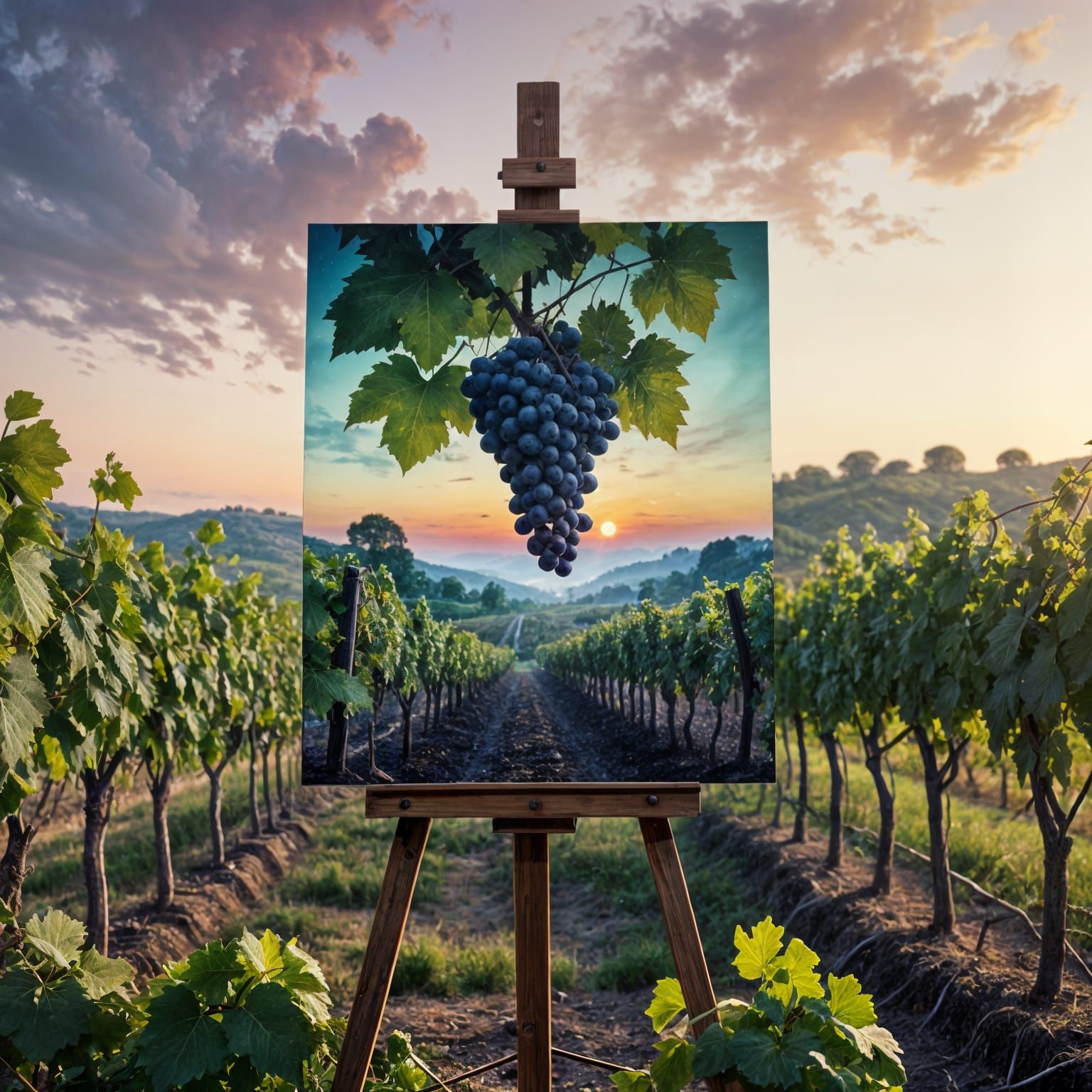 Surreal Vineyard Scene with Easel and Northern Lights