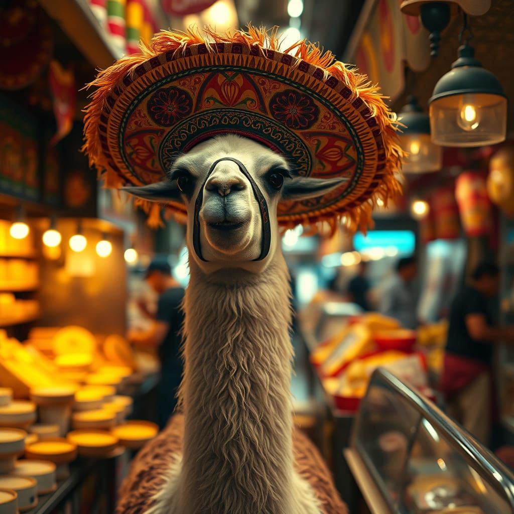 Llama Sombrero in a Bustling Marketplace