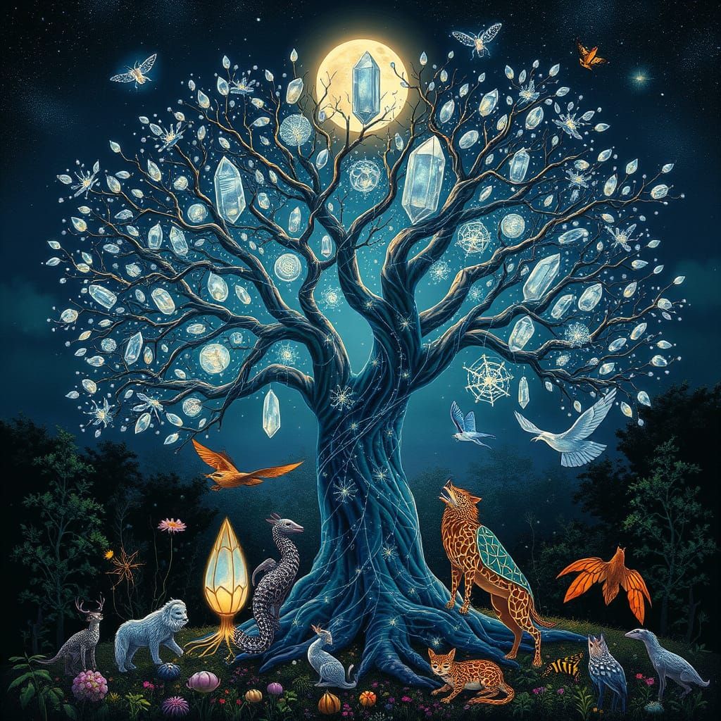 Tree of Crystal Energy Under Moonlit Forest Skies