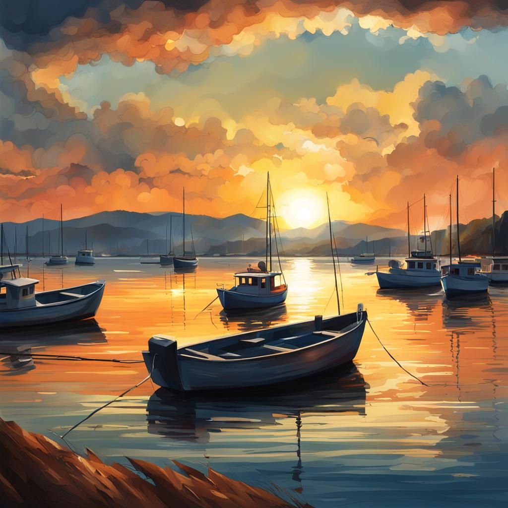 Golden Sunset Over Bay with Boats