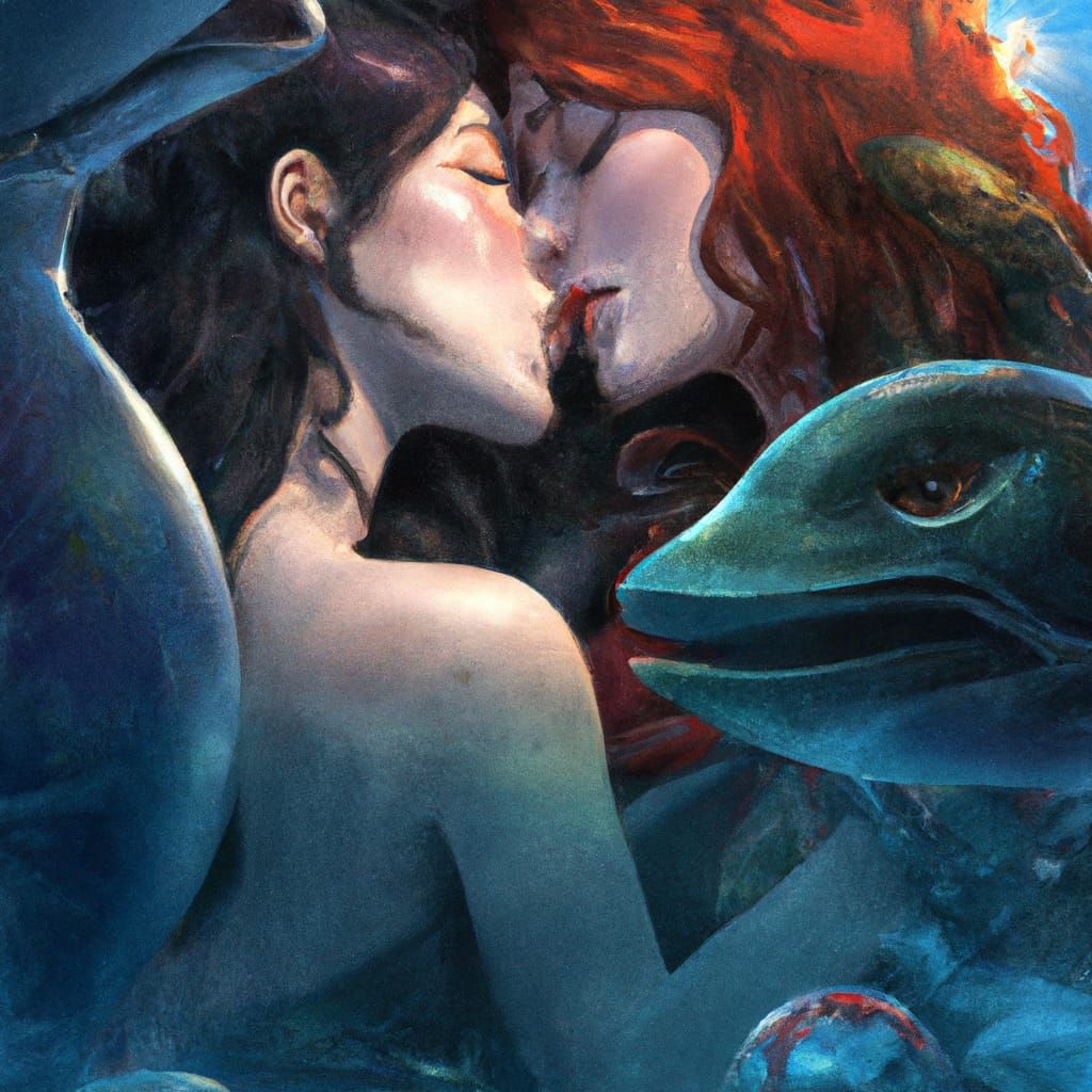 Mesmerizing Lesbian Mermaid Kiss in Hyperrealistic Style
