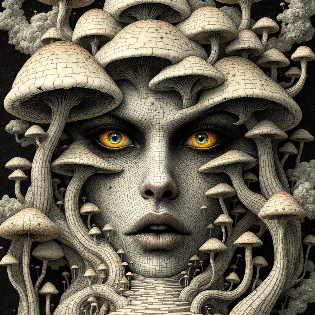 Surreal Mushroom Landscape with Escher-Inspired Architecture