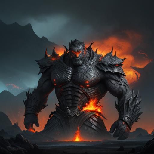 Magma Titan in Volcanic Landscape, Matte Painting Style
