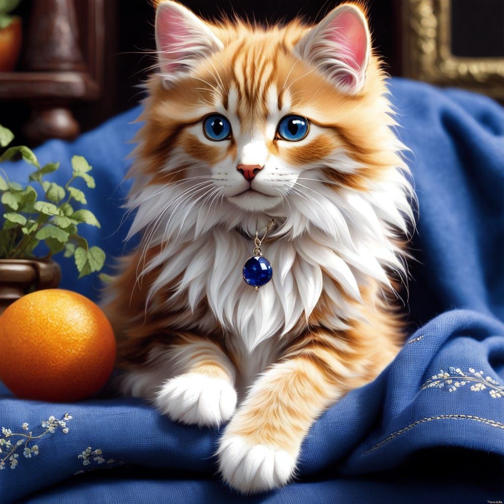 Fluffy Kitten with Lapis Knickknacks in Pre-Raphaelite Style