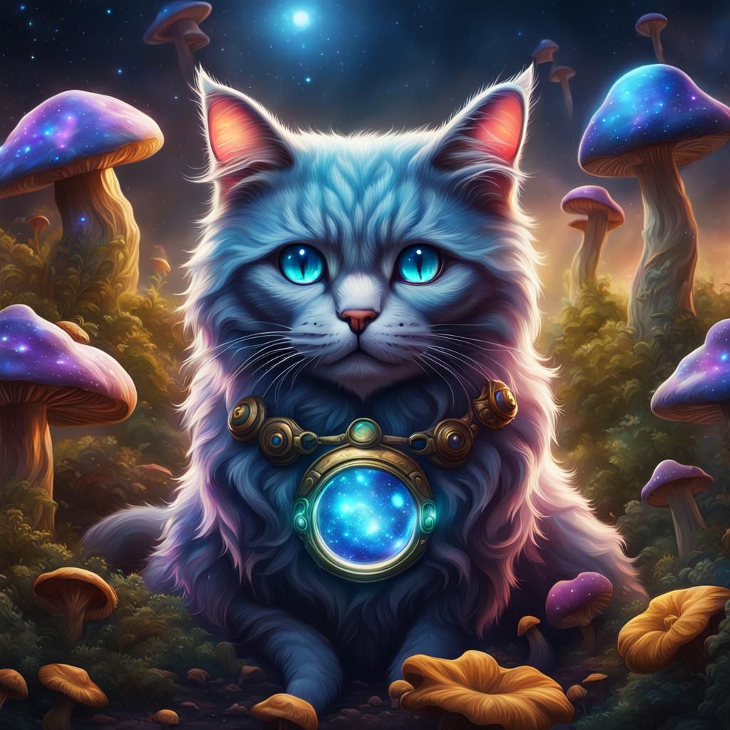 Mystic Galaxy Cat with Mushrooms: Fantasy Art