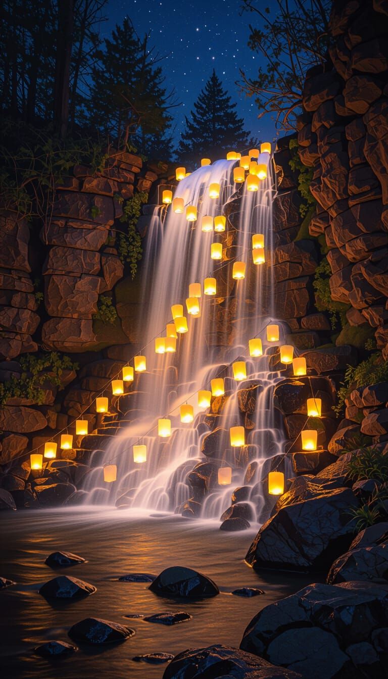A waterfall made up of glowing lanterns cascading over a cli...