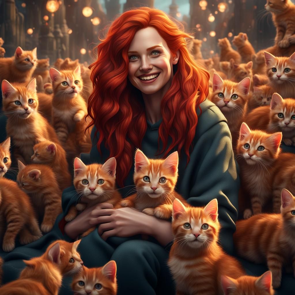 Happy Woman with Kittens: Detailed Matte Painting
