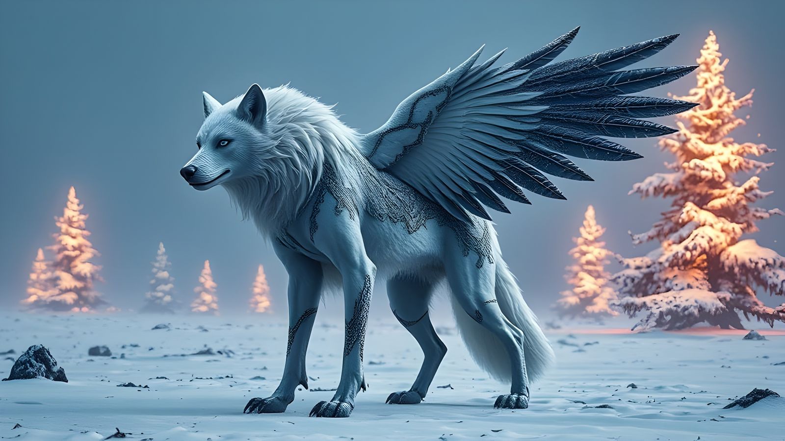 Cyber-Mythic Wolf-Raven Hybrid Reigns Over Frostbitten Waste...
